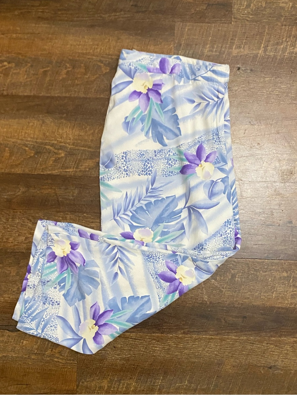 Vintage August Silk White/Purple/Blue Tropical Floral 100% Silk Twill Pants XL